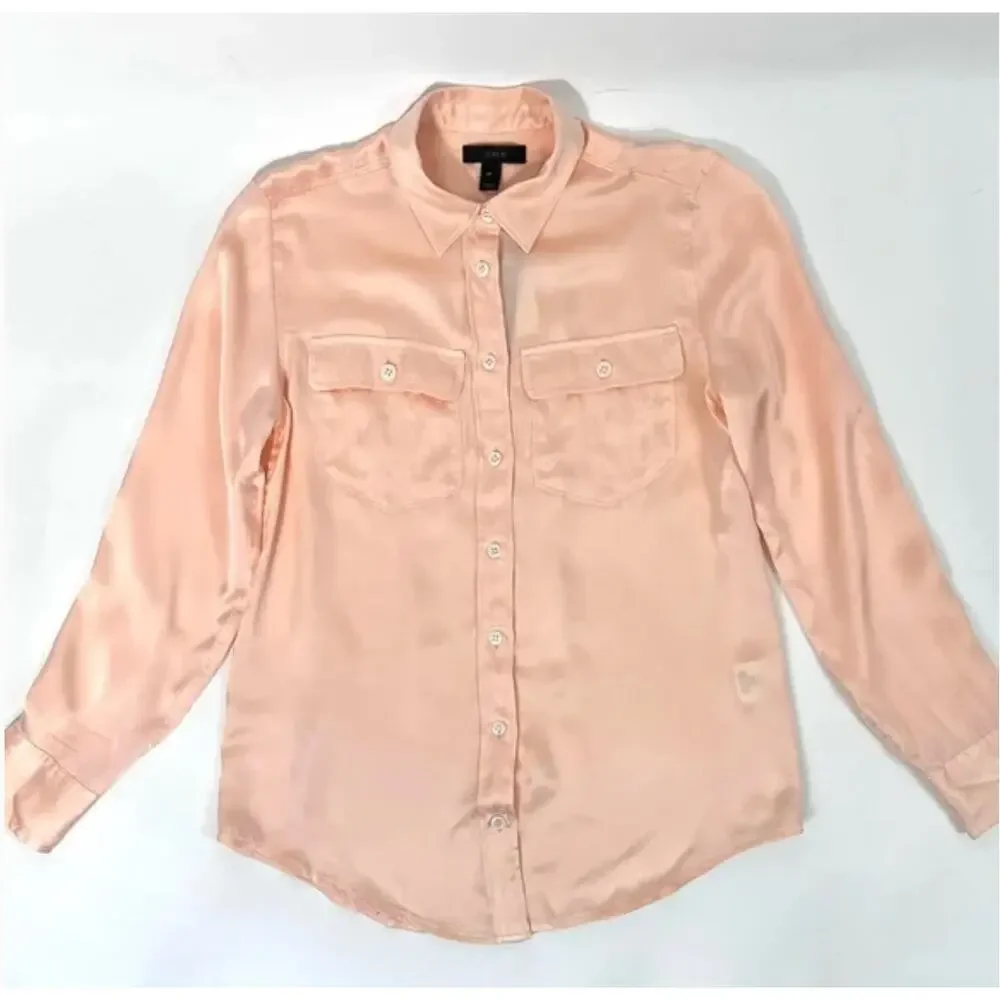 NWT J. CREW Iced Peach Blythe Button Down Silk Shirt 2 Pocket Blouse Women's 12